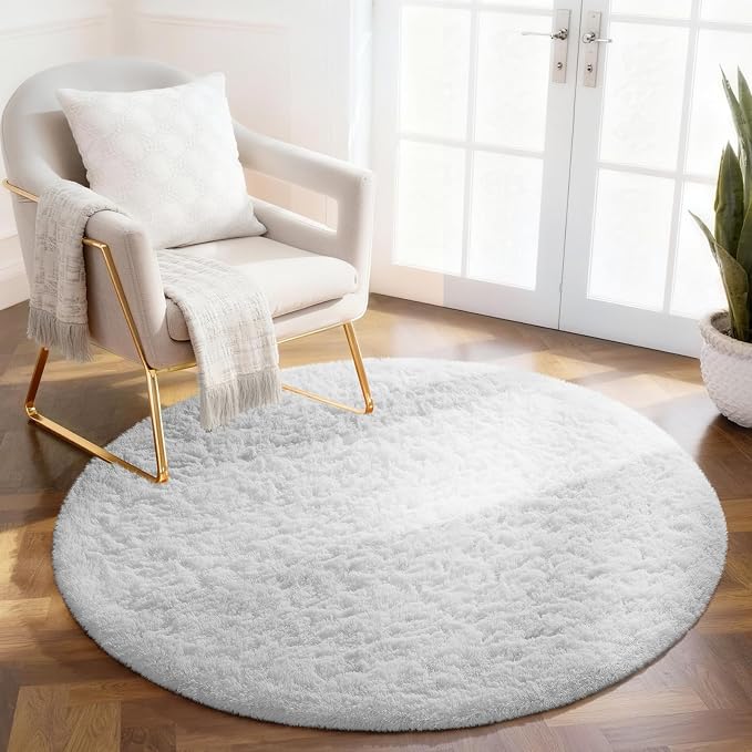 Ophanie Round Rug 4Ft White Circle Area Rug, Aesthetic Room Decor, Fluffy Fuzzy by Ophanie