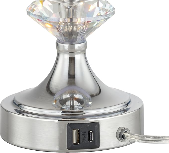 25.5" Crystal Table Lamps Set of 2 for Living Room, Modern Bedside Nightstand Lamps with USB A+C Charging Ports with White Shade, 3 Way Dimmable Nickel Bedroom Lamp for End Table