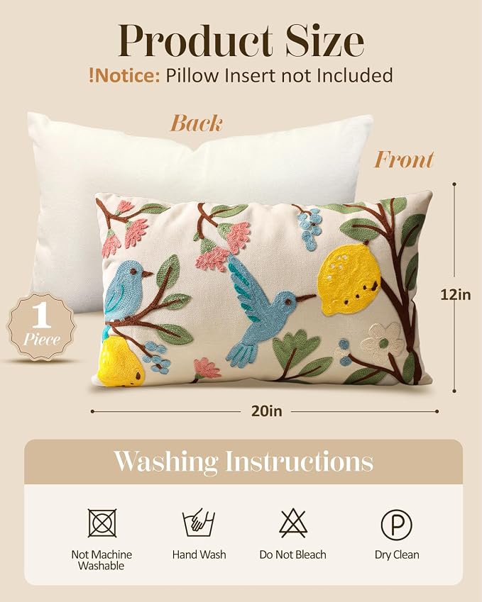 Embroidered Lumbar Pillow Cover 20x12 Inch, Bird Lemon | Decorative Throw - Image 4