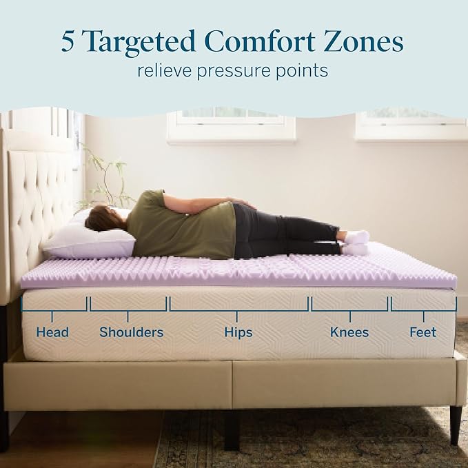 LUCID Lavender Infused 2 Inch Memory Foam Mattress Topper with 5 Zones – Twin XL Size – Plush Feel – CertiPUR Certified – Dorm Room Essentials