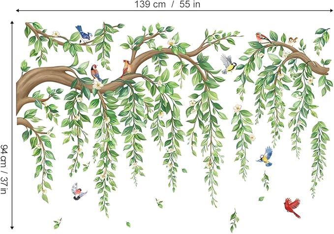 wondever Large Tree Branch Hanging Vine Wall Stickers Green Leaf Flower Birds Peel and Stick Wall Art Decals for Living Room Bedroom TV Wall