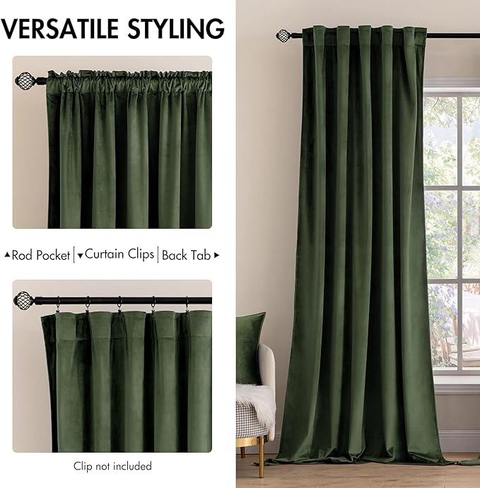 MIULEE Velvet Curtains 52x84 inches 2 Panels Olive Green Blackout Curtains | - Image 2