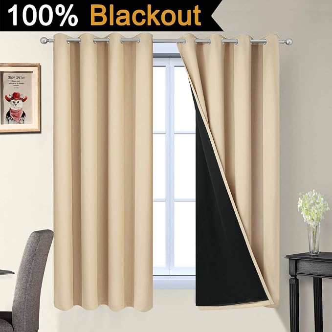 Yakamok Beige 100% Blackout Curtains 63 Inches Long - Image 2