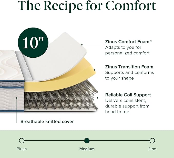 ZINUS 10 Inch Spring Sensation Hybrid Mattress [New Version], Queen, Fiberglass Free, Medium Firmness, Durable Support, Certified Safe Foams & Fabric, Mattress in A Box