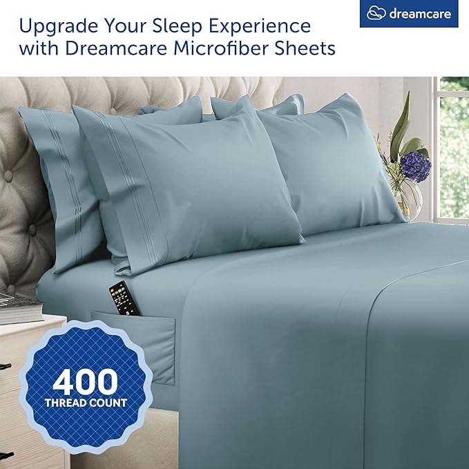 DREAMCARE Queen Sheet Set – 6 pcs Cooling Bed Sheets – up to 21” Deep Pocket Queen Sheets Set – 2500 Supreme Collection – Extra Soft 100% Brushed Microfiber Hotel Luxury with Side Pocket -Mineral Blue