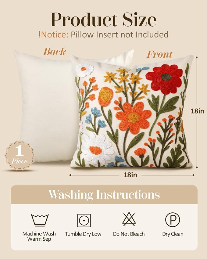Embroidered Throw Pillow Cover 18x18 Inch, Flower Cluster | Decorative Pillow - Image 4