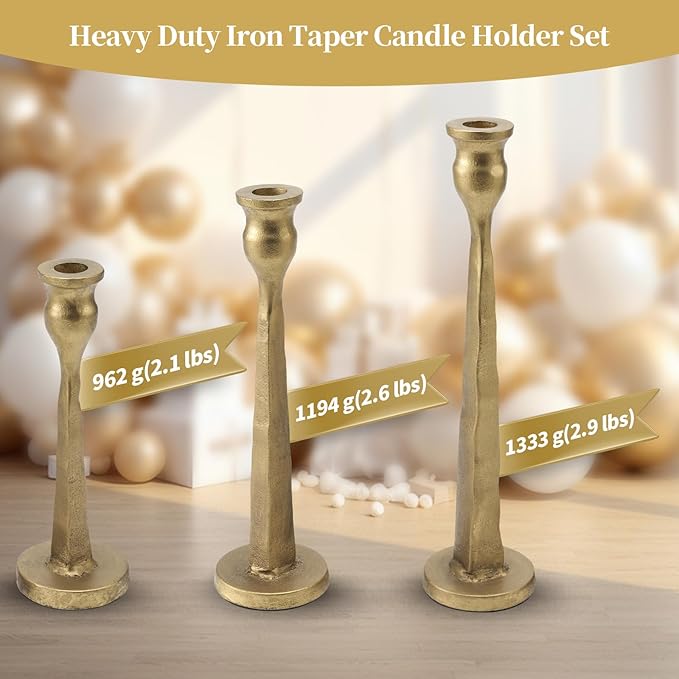 Heavy Duty Cast Iron Antique Brass Gold Candlestick Holders Set of 3,Tall Taper Candle Holders,Table Vintage Decor Centerpiece Candle Holders for Fireplace Party Dining Home