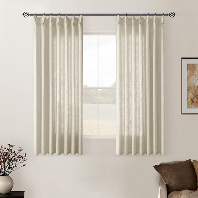 Linen Beige Pinch Pleated Semi Sheer Short Curtains 45 Inch Length 2 Panels | by Twodrapes