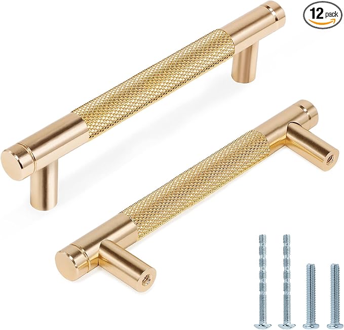 Knurled Cabinet Pulls 12 Pack, 5 Inch Long Cabinet Handles Metal Door Pulls, Kitchen Drawer Pull Knurled Dresser Handles - 3 3/4" Hole to Hole, Golden