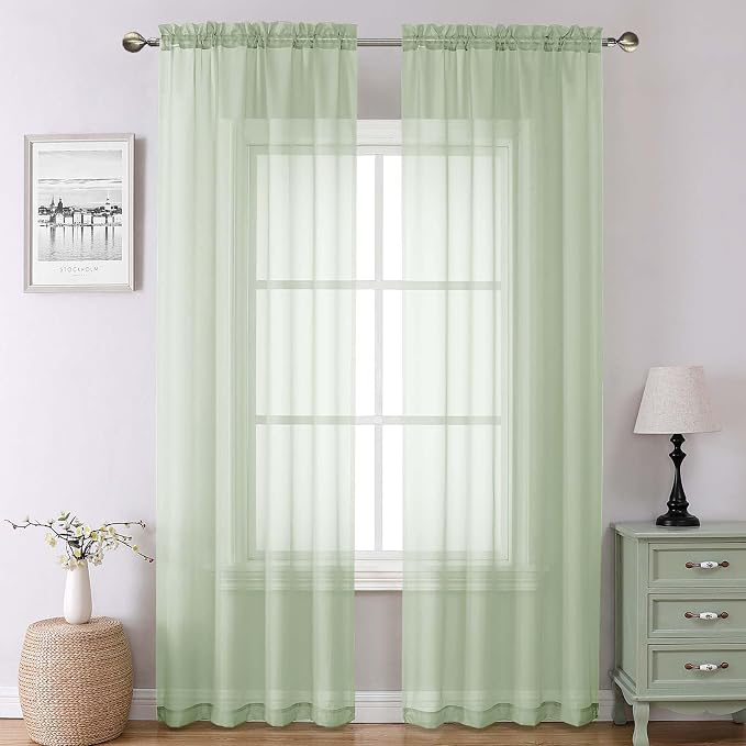 Light Green Sheer Curtains 90 Inches Long 2 Panels, Modern Light Filtering by Lecloud