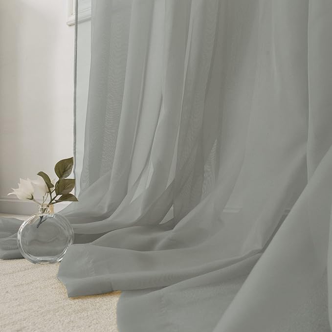 HUTO Sage Grey Sheer Window Curtains 52 by 63 Inch Length Rod Pocket Window Sheer Panels Drapes 2 Panels Curtains for Bedroom Living Room Nursery