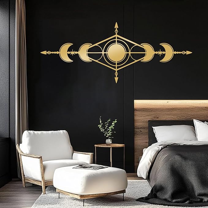 Hfrolixit Moon Phase Metal Wall Decor, Boho Moon Metal Wall Art, Celestial Wall Decor, Scandinavian Natural Wall Art, Astrology Wall Hanging (Black, 35"x14"/90x36cm)