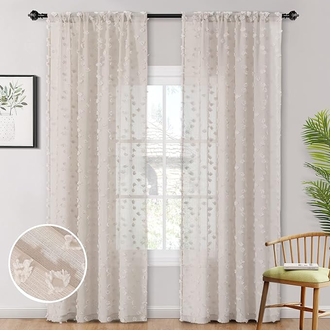 MYSKY HOME Pom Pom Beige Sheer Curtains for Bedroom Girls Room Curtains 84 Inches Long for Nursery Kids Light Filtering Boho Window Drapes, Rod Pocket, 38" Wide, 2 Panels