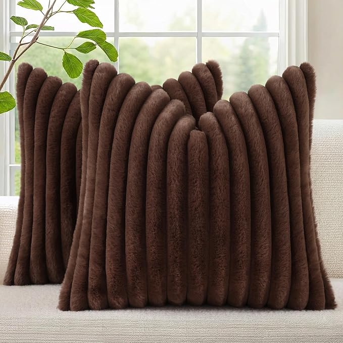 decorUhome Fall Faux Fur Throw Pillow Covers 18x18 Set of 2 Dark Brown | by decorUhome