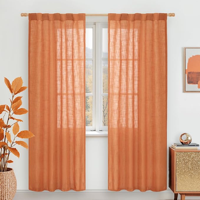 Burnt Orange Linen Boho Curtains 80 inch Length 2 Panels by LAMIT