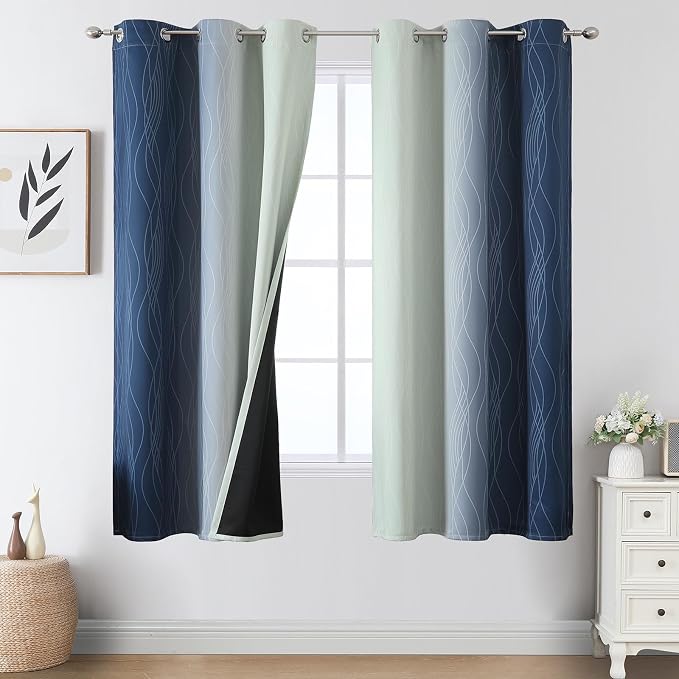 Sage Green and Navy Blue Ombre Blackout Curtains by ESTELARTEXTILER