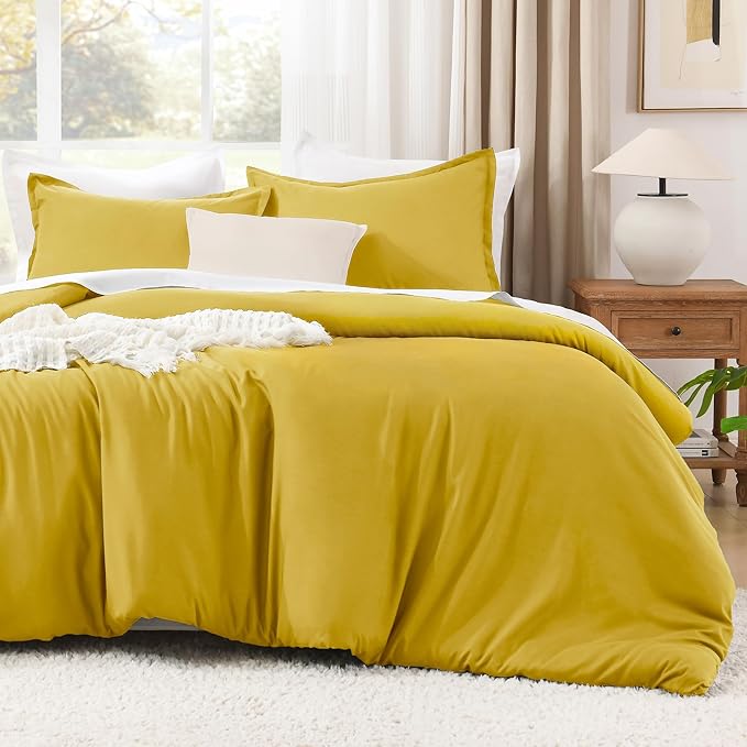 Litanika Mustard Yellow Comforter Set King Size, 3 Pieces Lightweight Solid Bedding Comforter Set, All Season Fluffy Bed Set (104x90In Comforter & 2 Pillowcases)
