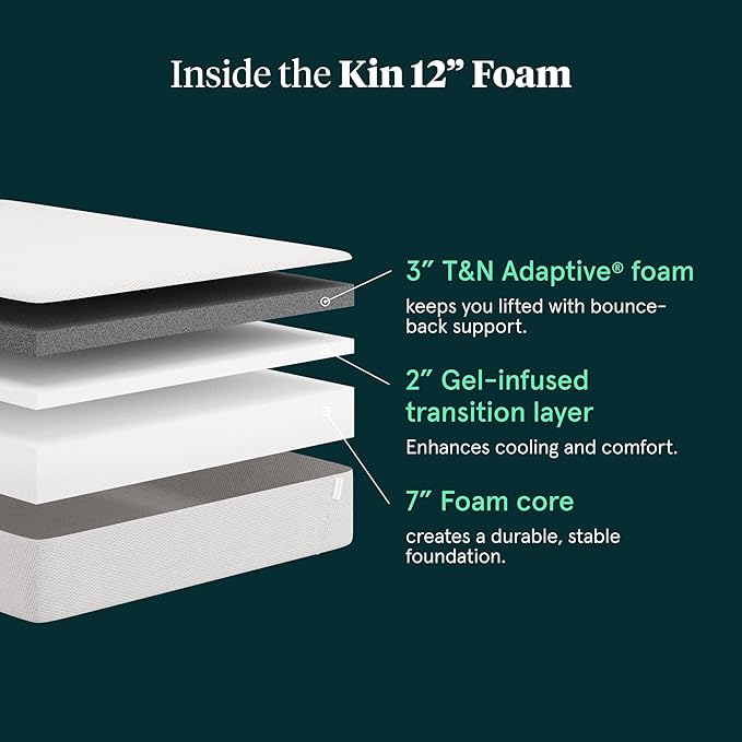 Tuft & Needle Kin Medium 12" Cal King Adaptive Foam Mattress in a Box, Cooling Gel, Pressure Relief, Durable Support, 100 Night Trial, Fiberglass-Free, CertiPUR-US, 10-Year Limited Warranty