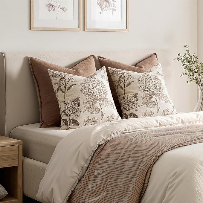 Set of 2 Decorative Floral Pillow Covers 16x16 Inch Light Brown | Neutral - Image 6