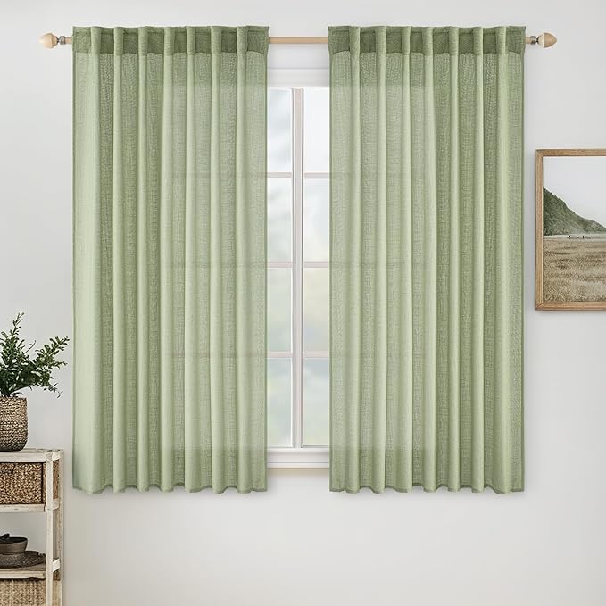 MIULEE Sage Green Linen Curtains 52x54 Inch Length 2 Panels by MIULEE