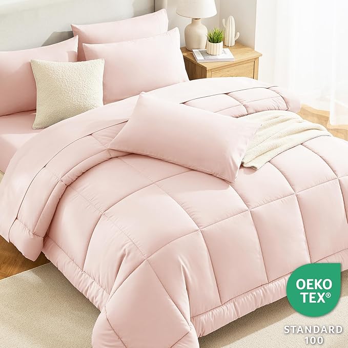 CozyLux Queen Comforter Set Blush Pink, 7 Pieces Bed in a Bag, Pink Comforter Queen Size, All Season Bedding Sets with Stitch Quilted Comforter, Flat Sheet, Fitted Sheet, Pillowcases