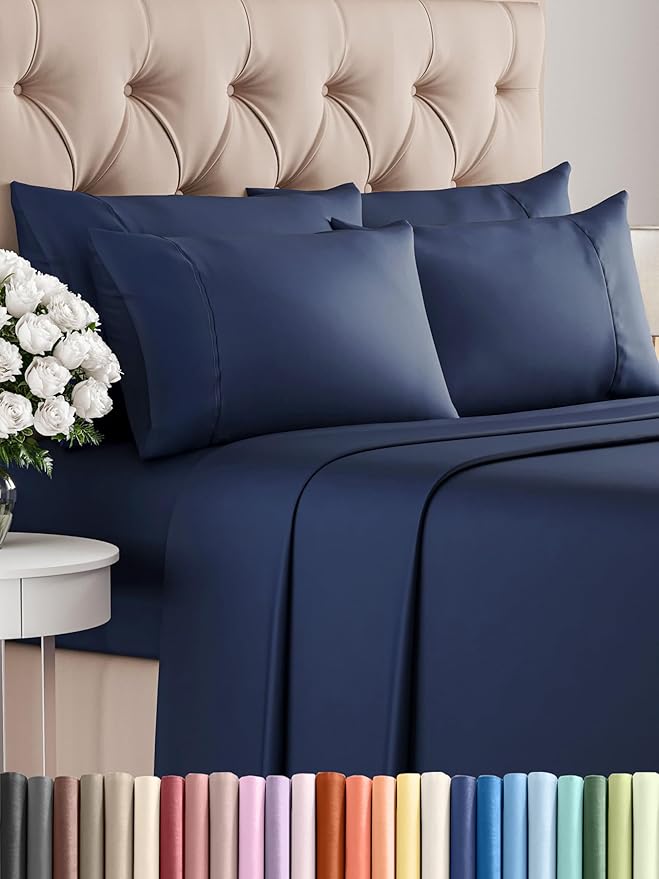 King 6 Piece Sheet Set - Comfy Breathable & Cooling - Ultra-Soft Hotel Luxury Bedding Set with 8-16 Inch Deep Pockets - 1 Flat & 1 Fitted Sheet & 4 Pillowcases - Wrinkle Free & Easy Care - Navy Blue