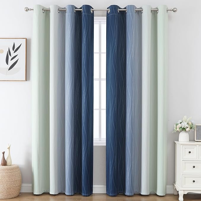 Sage Green and Navy Blue Ombre Blackout Curtains - Image 2