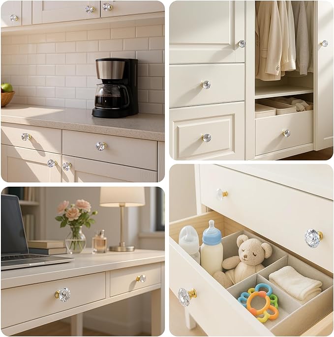 DEELF 24 Packs Kitchen Cabinet Knobs, 40 mm Crystal Cabinet Knobs, Diamond Dresser Handle Drawer Pulls, Dresser Knobs for Cabinets and Drawers, Gold Base