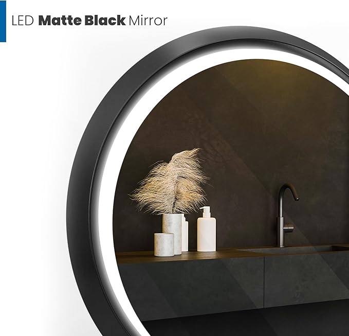 Round LED Mirror 24 Inch for Bathroom, Black Metal Frame Lighted Vanity Mirror,Wall Mounted Circle with Lights,6000K Anti-Fog & Dimmable Touch Button
