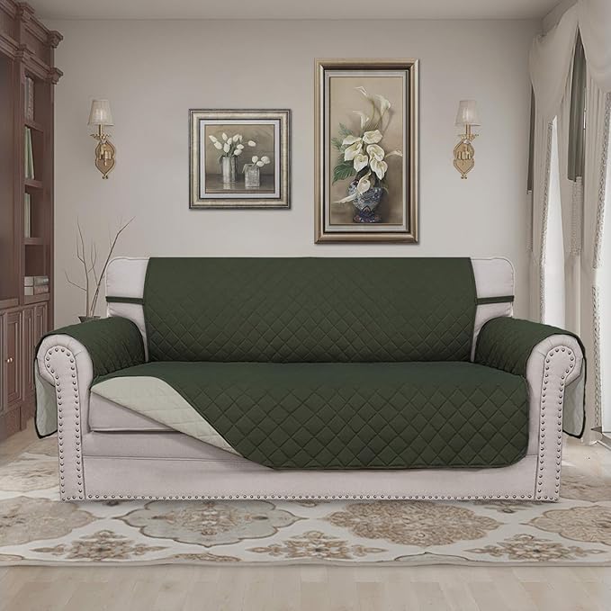 Easy-Going Reversible Couch Cover, 2 Cushion Sofa, Army Green/Beige | Oversized - Image 2