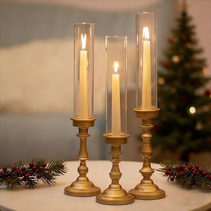 NUPTIO Hurricane Candle Holder for Centerpiece: Set of 3 Gold Candlestick Holders with Glass Shade - Vintage Taper Candleholder for Christmas Dining Table Fireplace Mantle Decor