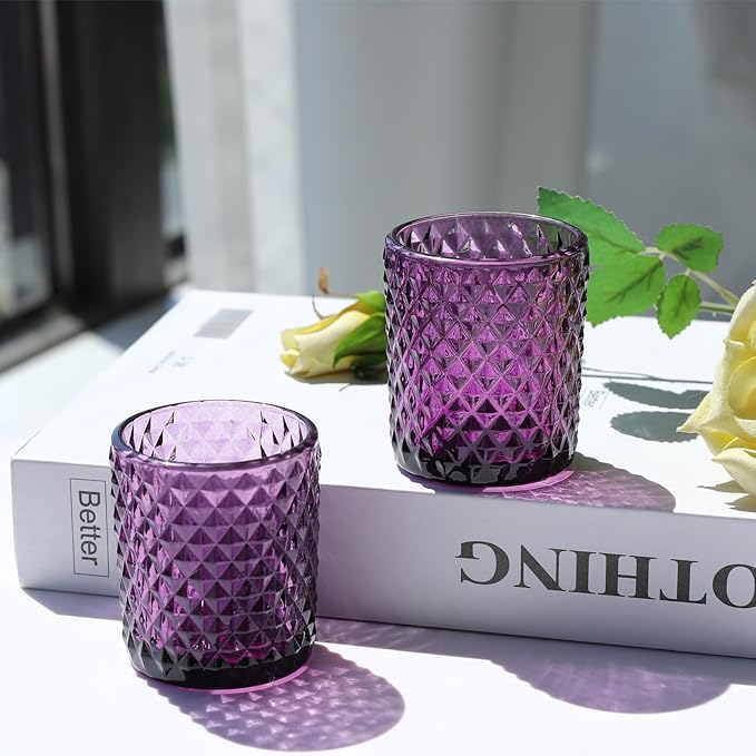 Woho 24pcs Purple Votive Candle Holders, Glass Tea Lights Candle Holder for Wedding Table Centerpiece, Studded Diamond Tealight Candle Holder for Tealight Candles/Votive Candles