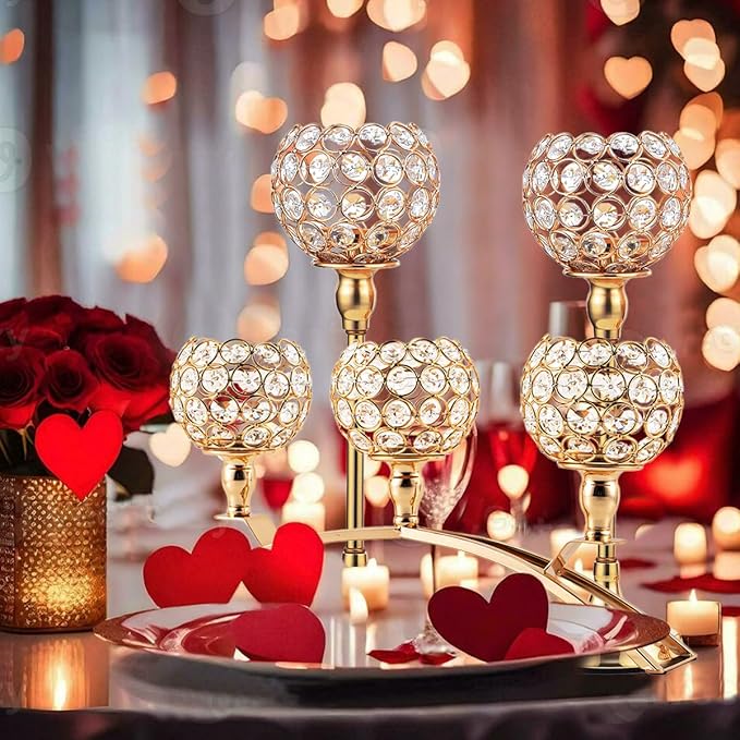 Vincigant Gold Crystal Candle Holders Set of 8 with 4Sets Crystal Candelabra 3 Arm Candlesticks Holder Table Centerpiece,Candelabra Centerpieces for Wedding Party Anniversary Home Living Room Decor