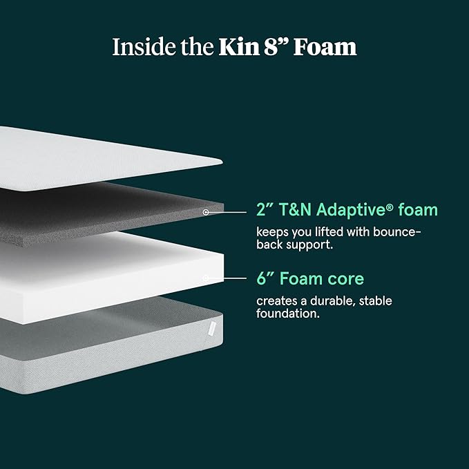 Kin By Tuft & Needle Firm 8" King Adaptive Foam Mattress in a Box, Cooling Pressure Relief, Balanced Support, 100 Night Trial, Fiberglass-Free, CertiPUR-US, 10-Year Limited Warranty