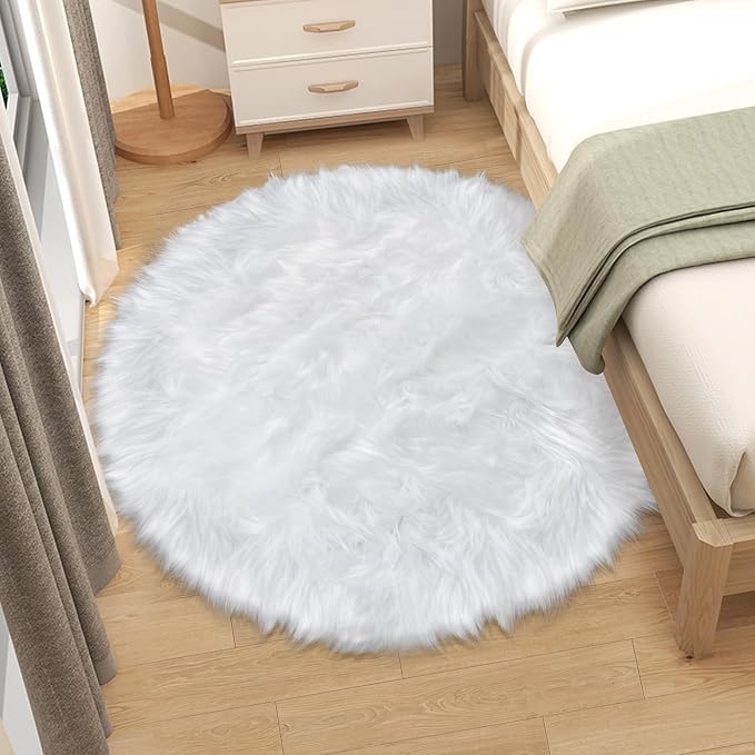 4 ft Fluffy White Round Rug for Bedroom, Furry Faux Sheepskin Fur White Circle - Image 2