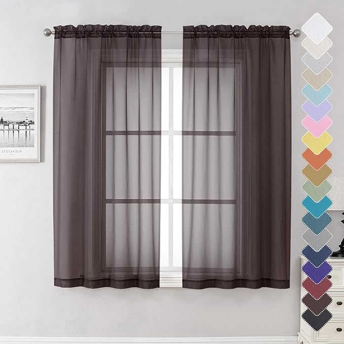 Sheer Curtains 63 Inch Length 2 Panels Set, Chocolate Window Curtains by Lecloud