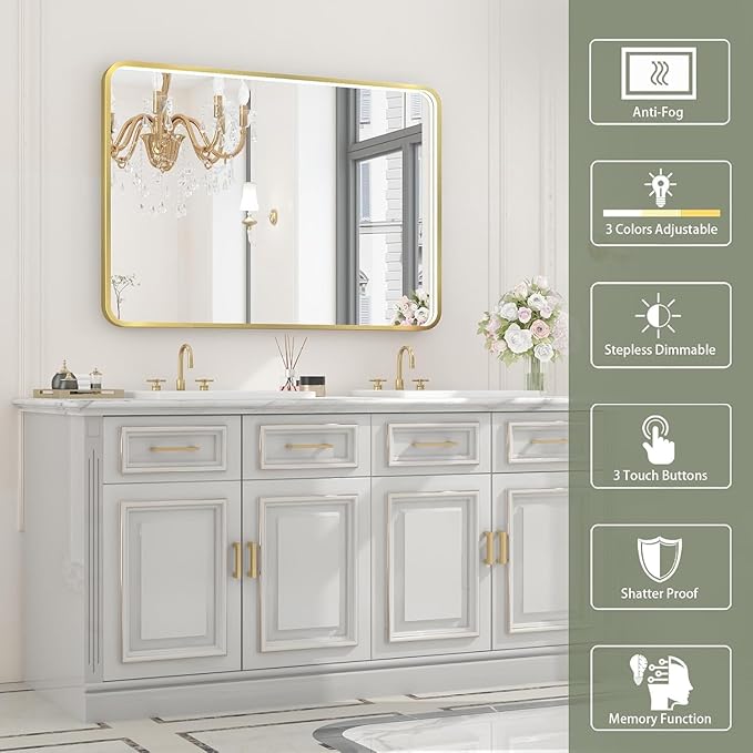 LED Bathroom Mirror with Lights, 40x28 Inch Gold Metal Framed LED Mirror for Bathroom, 3 Colors and Stepless Dimmable Wall Mounted Lighted Bathroom Vanity Mirror, Anti-Fog, Memory