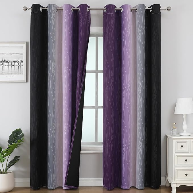 Black and Purple Ombre Blackout Curtains 108 Inch Length | Room Darkening by ESTELARTEXTILER
