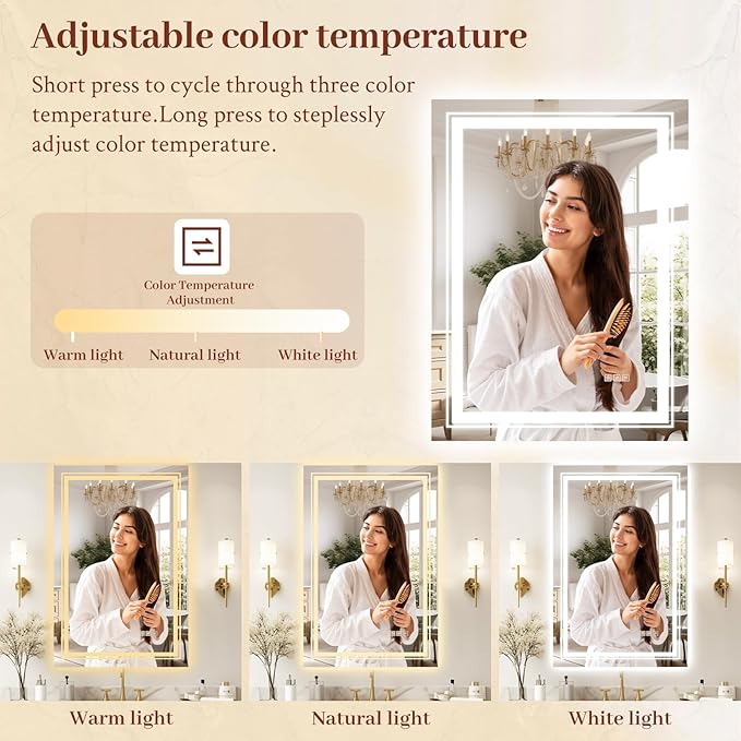 40x36 LED Mirror for Bathroom with Front and Backlit Light Up Digital Mirrors for Wall,Anti Fog,Stepless Dimmable,Tempered Silver Glass Smart Vanity Mirror for Bathroom