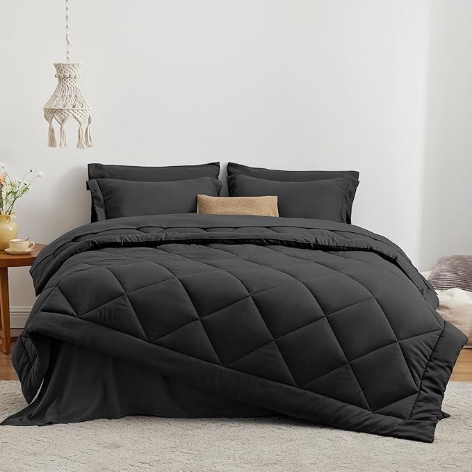 Love's Cabin Oversized Queen Comforter Set, 7 Pieces Queen Bed in a Bag, All Season Bedding Sets with 1 Comforter, 1 Flat Sheet, 1 Fitted Sheet, 2 Pillowcase and 2 Pillow Sham, Black