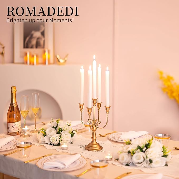 Romadedi Candelabra Gold Candle Holders - 5 Arm 11.8" Wedding Candlestick Holder for Theme Party Table Centrepiece Decor Dining Room Birthday Holiday Christmas