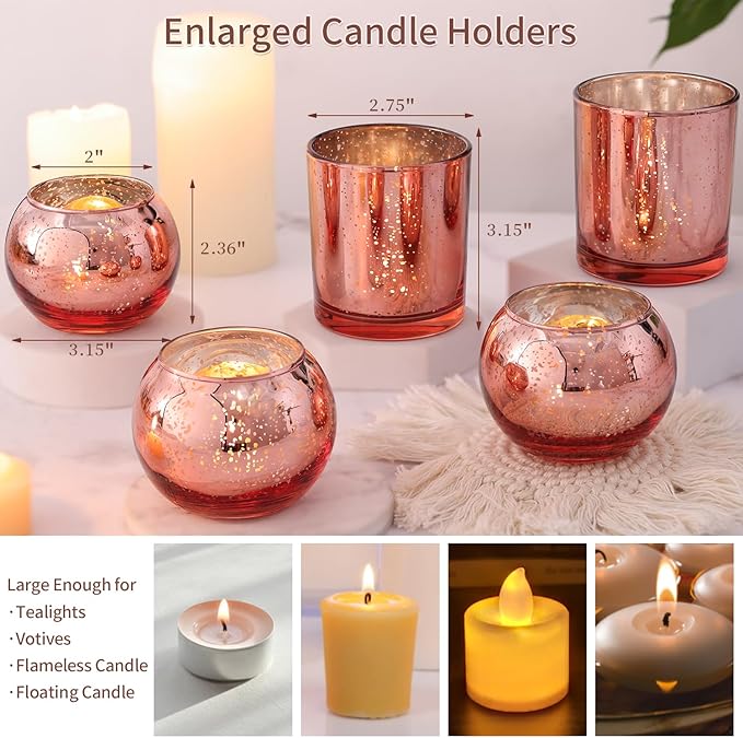 20 Pcs Assorted Rose Gold Candle Holders Bulk, Rose Gold Birthday Decorations for Table, Larger Size Mercury Glass Candle Holders for Wedding, Votive Holders for Valentines, Bridal Shower