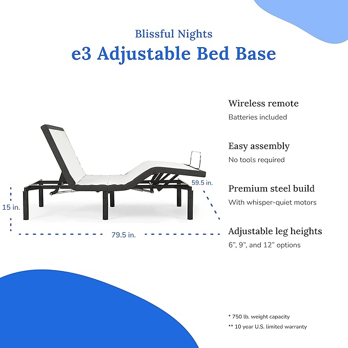 Blissful Nights e3 Queen Adjustable Bed Base Frame with 10" Medium Firm Gel Infused Memory Foam Mattress