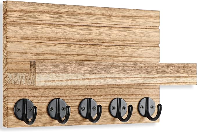 Key Holder for Wall, Decorative Key and Mail Holder with Shelf Has Large Key Hooks for Bags, Coats – Paulownia Wood Key Hanger with Mounting Hardware (9.8”W x 6.7”H x 4.2”D) (Burnt Wood)
