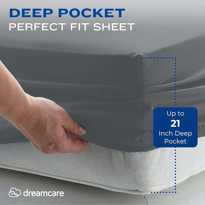 DREAMCARE King Size Sheets Set – 4 pcs Cooling Sheets – up to 21” Deep Pocket King Sheet Set – Hotel Luxury Sheets & Pillowcases – Superior Softness 100% Fine Microfiber with Side Pocket – Dark Gray