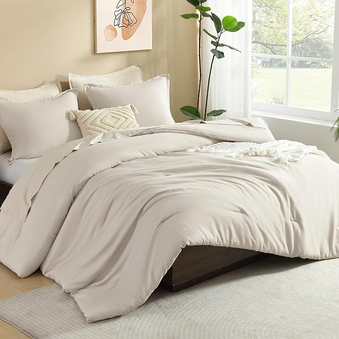 Litanika Comforters Tannish Grey Queen Size, 3 Pieces Lightweight Solid Bedding Set & Collections, All Season Fluffy Bed Set (90x90In Comforter & 2 Pillowcases)
