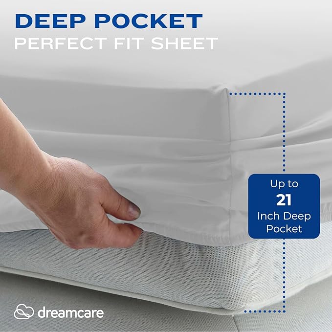 DREAMCARE California King Sheet Sets – 4 pcs Cooling Sheets – up to 21” Deep Cal King Sheets – Hotel Luxury Pillowcases – Superior Softness 100% Fine Microfiber with Side Pocket – Light Gray