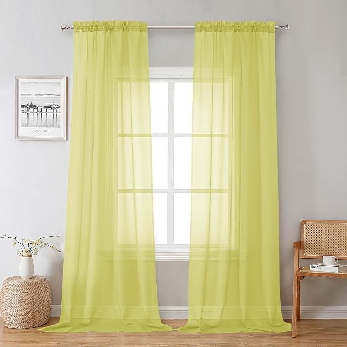 Lemon Sheer Curtains 96 Inches Long 2 Panels, Solid Voile Dual Rod Pockets by Lecloud