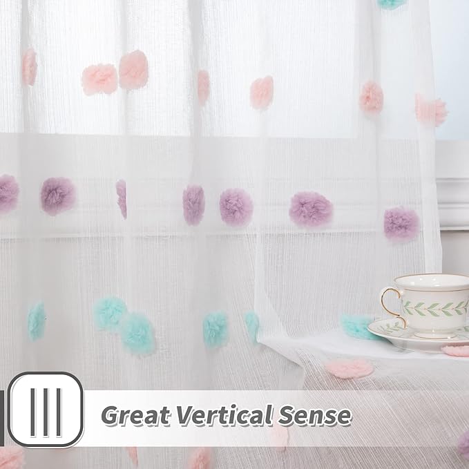 MYSKY HOME Kitchen Curtains - 45 Inch Long Small Rainbow Pom Pom White Boho Drapes for Bathroom, Cafe, Bedroom, Nursery & Girls Room - Rod Pocket - 2 Pieces - 37 x 45 Inch