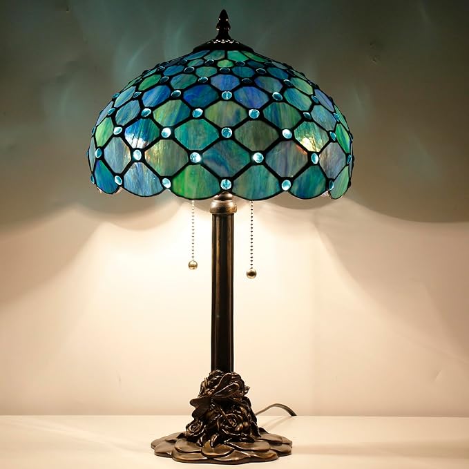 Tiffany Stained Glass Table Lamp 12X12X21Inch Resin Base Desk Bedroom Living Room Reading Light (Sea Blue Pearl)